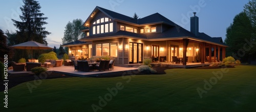 Elegant home exterior at night with glowing interior lights covered porch and manicured lawn