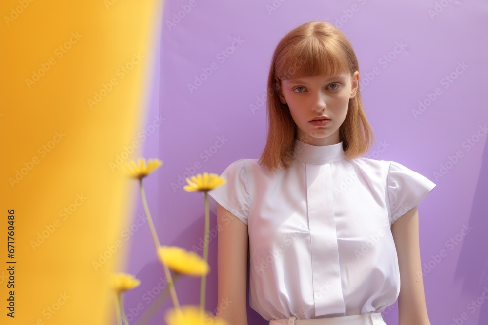 Gentle expression of woman paired with the fresh presence of daisies, reflecting the simplicity and beauty of a casual, stylish appearance. Gentle expression of woman paired with the fresh presence of daisies, reflecting the simplicity and beauty of a casual, stylish appearance.