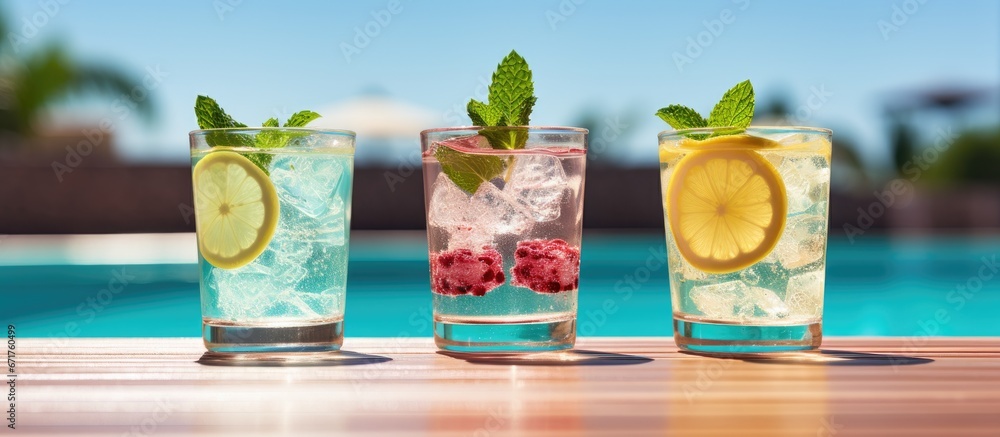 Refreshing poolside cocktails with a mojito and gin and tonic lemonade served chilled at the pool bar - obrazy, fototapety, plakaty 