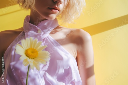 Blonde woman amidst daisies, soft ethereal portrait in purple setting, essence of spring beauty and feminine elegance captured in thoughtful serenity.