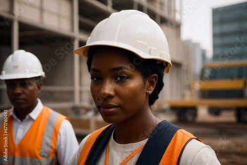 Builder, confident woman, dressed in an orange vest and white construction helmet on a modern construction background. The concept of gender equality