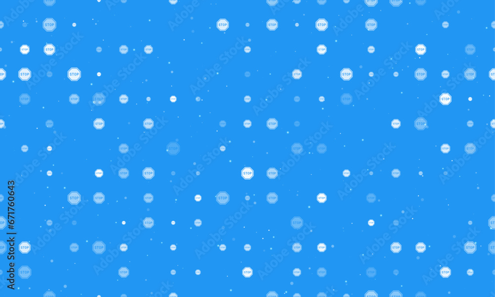 Seamless background pattern of evenly spaced white stop road signs of different sizes and opacity. Vector illustration on blue background with stars Seamless background pattern of evenly spaced white stop road signs of different sizes and opacity. Vector illustration on blue background with stars