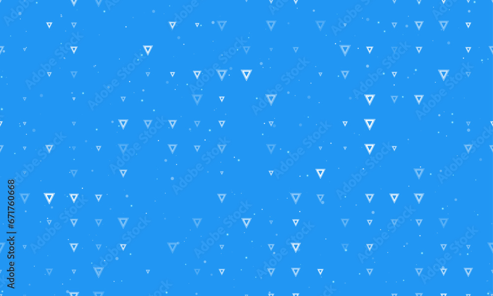 Seamless background pattern of evenly spaced white give way signs of different sizes and opacity. Vector illustration on blue background with stars