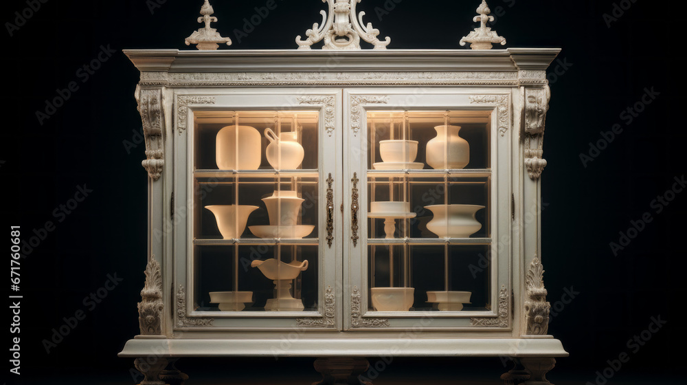An ivory cabinet, with glass doors and silver knobs