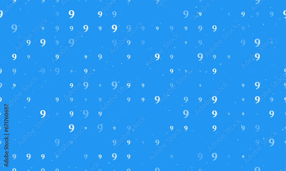 Seamless background pattern of evenly spaced white number nine symbols of different sizes and opacity. Vector illustration on blue background with stars Seamless background pattern of evenly spaced white number nine symbols of different sizes and opacity. Vector illustration on blue background with stars