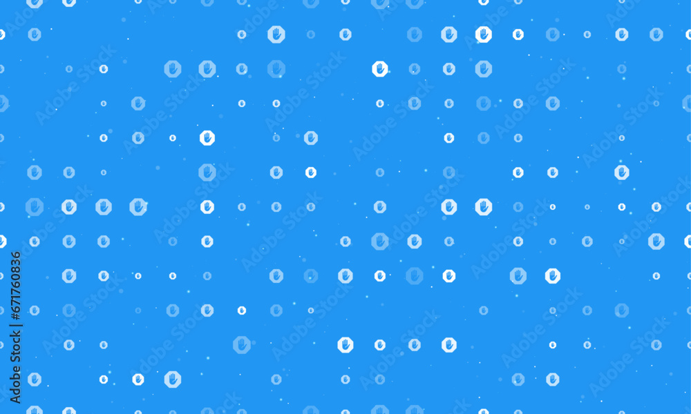 Seamless background pattern of evenly spaced white stop hand symbols of different sizes and opacity. Vector illustration on blue background with stars