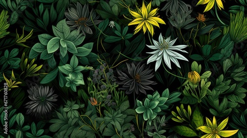  a bunch of green and yellow flowers on a black background with leaves and flowers in the bottom right corner of the picture.  generative ai