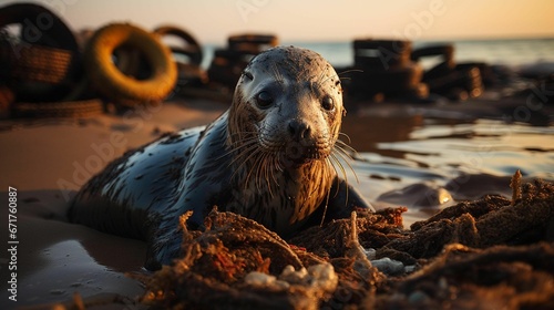 AI generated illustration of a distressed seal coated in oil on a polluted beach photo