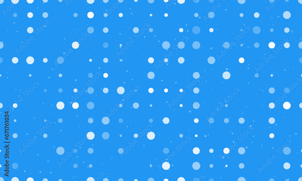 Seamless background pattern of evenly spaced white nonagon symbols of different sizes and opacity. Vector illustration on blue background with stars