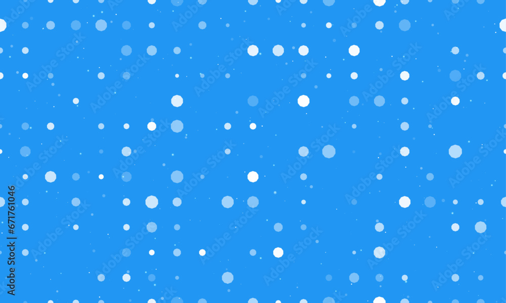 Seamless background pattern of evenly spaced white decagon symbols of different sizes and opacity. Vector illustration on blue background with stars