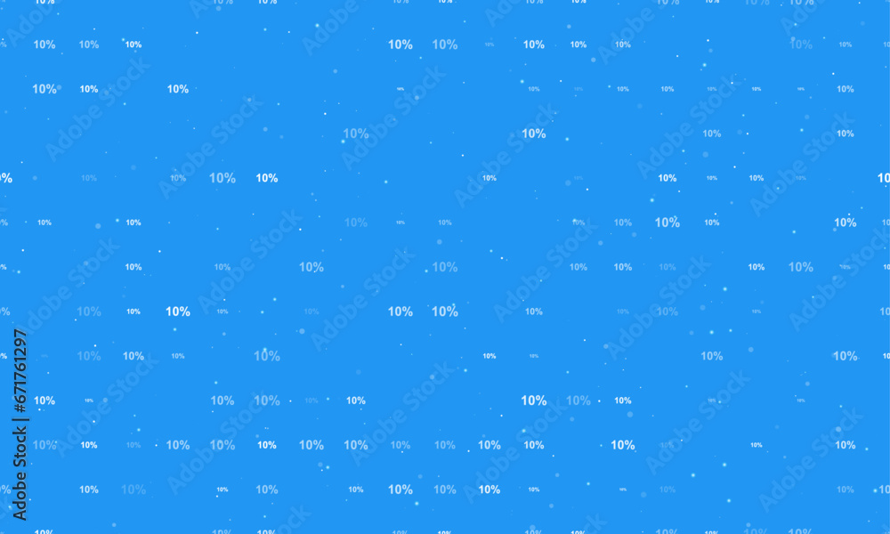 Seamless background pattern of evenly spaced white 10 percent symbols of different sizes and opacity. Vector illustration on blue background with stars