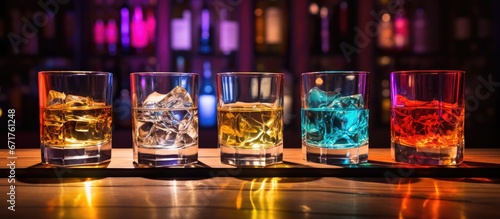 Four Lim labeled glasses on the bar at a club