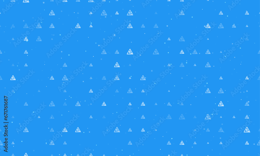 Seamless background pattern of evenly spaced white road work signs of different sizes and opacity. Vector illustration on blue background with stars