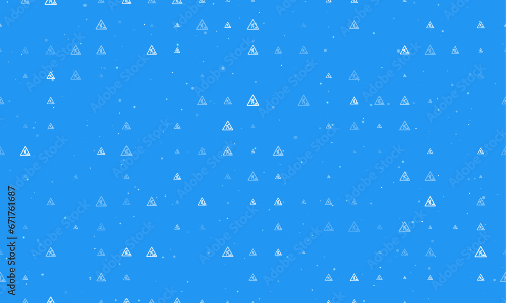 Seamless background pattern of evenly spaced white road work signs of different sizes and opacity. Vector illustration on blue background with stars Seamless background pattern of evenly spaced white road work signs of different sizes and opacity. Vector illustration on blue background with stars