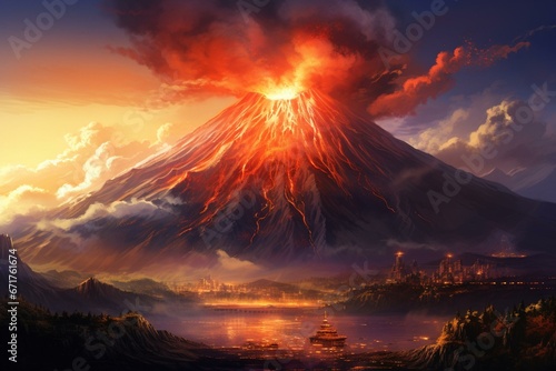 Volcano in Japan's Mount Fuji, artistic depiction. Generative AI