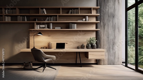 A minimalist office, austere yet practical, furnished with a singular wooden desk, and a modern laptop, and one iconic designer chair. © PhotoFusionist 
