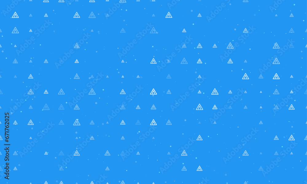 Seamless background pattern of evenly spaced white road narrowing signs of different sizes and opacity. Vector illustration on blue background with stars