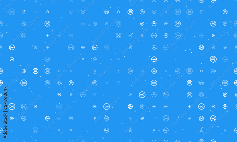 Seamless background pattern of evenly spaced white no car signs of different sizes and opacity. Vector illustration on blue background with stars