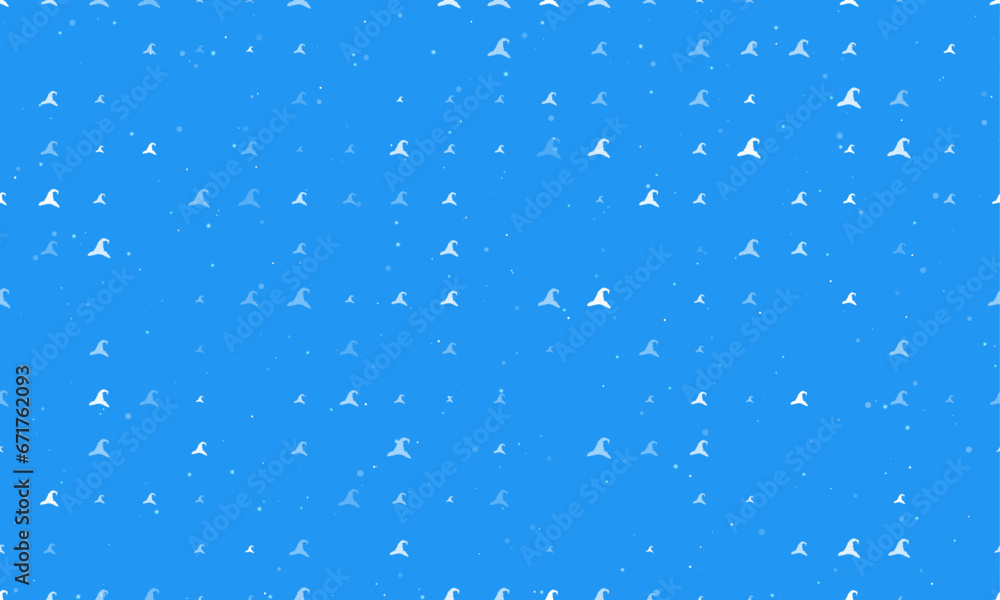 Seamless background pattern of evenly spaced white wizard hat symbols of different sizes and opacity. Vector illustration on blue background with stars Seamless background pattern of evenly spaced white wizard hat symbols of different sizes and opacity. Vector illustration on blue background with stars