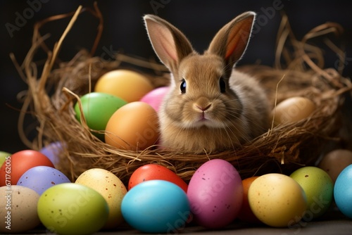 brown bunny with colorful eggs. Generative AI