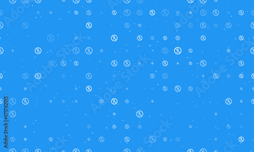 Seamless background pattern of evenly spaced white pedestrian traffic prohibited signs of different sizes and opacity. Vector illustration on blue background with stars
