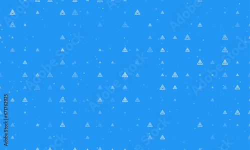 Seamless background pattern of evenly spaced white road narrowing signs of different sizes and opacity. Vector illustration on blue background with stars