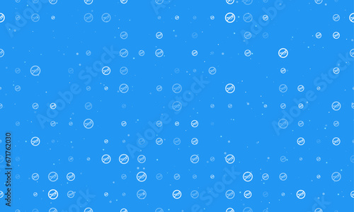 Seamless background pattern of evenly spaced white horning prohibited signs of different sizes and opacity. Vector illustration on blue background with stars