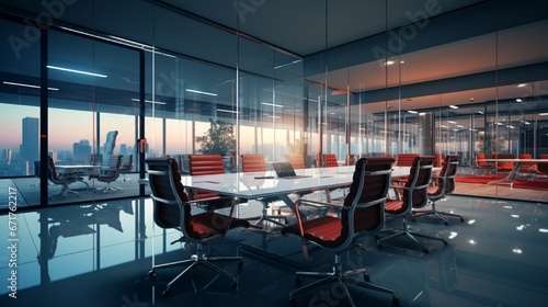 A modern corporate office replete with glass cubicles, ergonomic chairs, and sleek conference rooms.