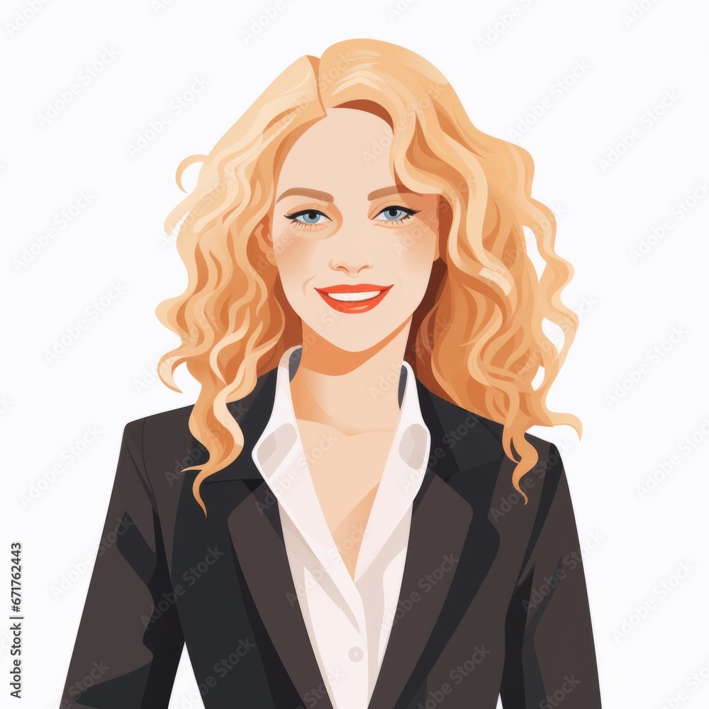 Smiling Adult White Woman with Blond Straight Hair Flat Illustration. Portrait of Business Character on white background. Business Person in Casual Clothes. Ai Generated Square Cartoon Illustration.