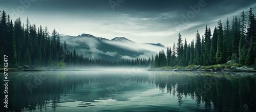 Misty serene forest by an emerald lake in Canada photo