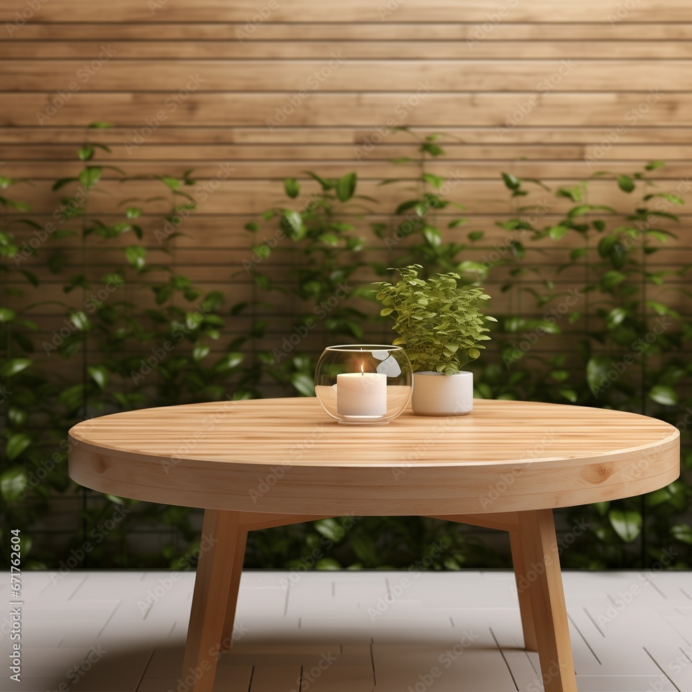 Burning candle and potted plant on round wooden table on the background of wooden wall with plants. A cozy place of modern interior.