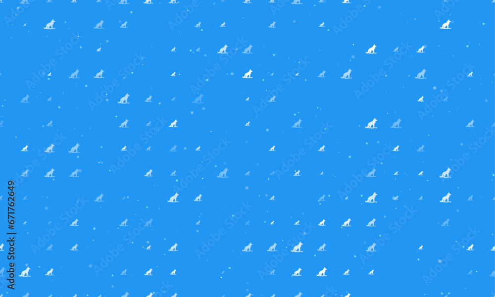 Seamless background pattern of evenly spaced white wild wolf symbols of different sizes and opacity. Vector illustration on blue background with stars Seamless background pattern of evenly spaced white wild wolf symbols of different sizes and opacity. Vector illustration on blue background with stars