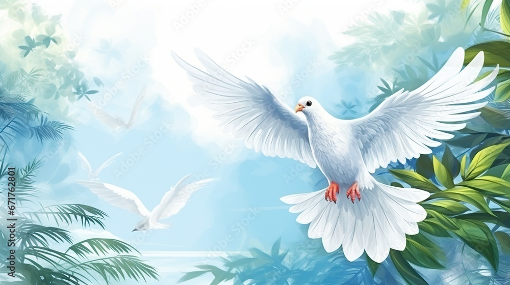 Obraz premium White dove flying in the forest blur background. AI generated image