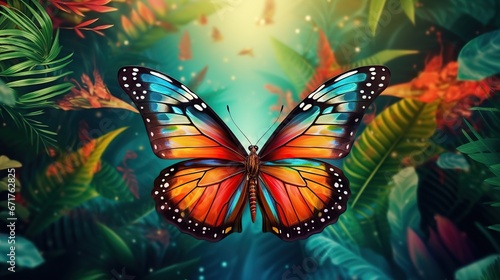 Beautiful Butterfly flying on forest with blur background. AI generated image