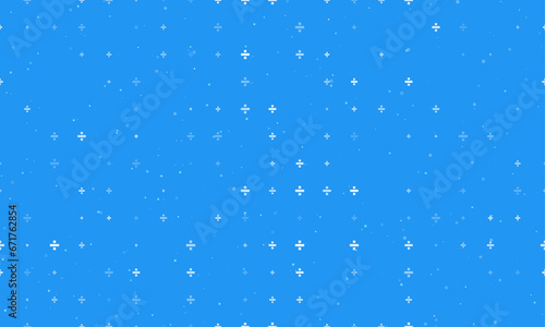 Seamless background pattern of evenly spaced white division symbols of different sizes and opacity. Vector illustration on blue background with stars