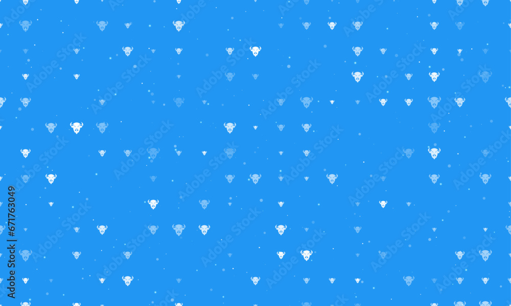 Seamless background pattern of evenly spaced white buffalo logos of different sizes and opacity. Vector illustration on blue background with stars