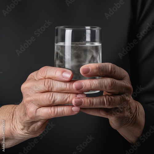 Close-up of an old woman holding a glass of water with both hands. The concept of loneliness.