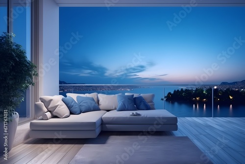 a large white couch with pillows on it and a large glass balcony with a view of water and city
