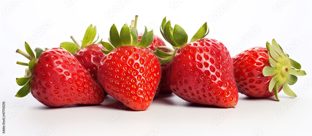 Close up of fresh strawberries against a white backdrop Close up of fresh strawberries against a white backdrop