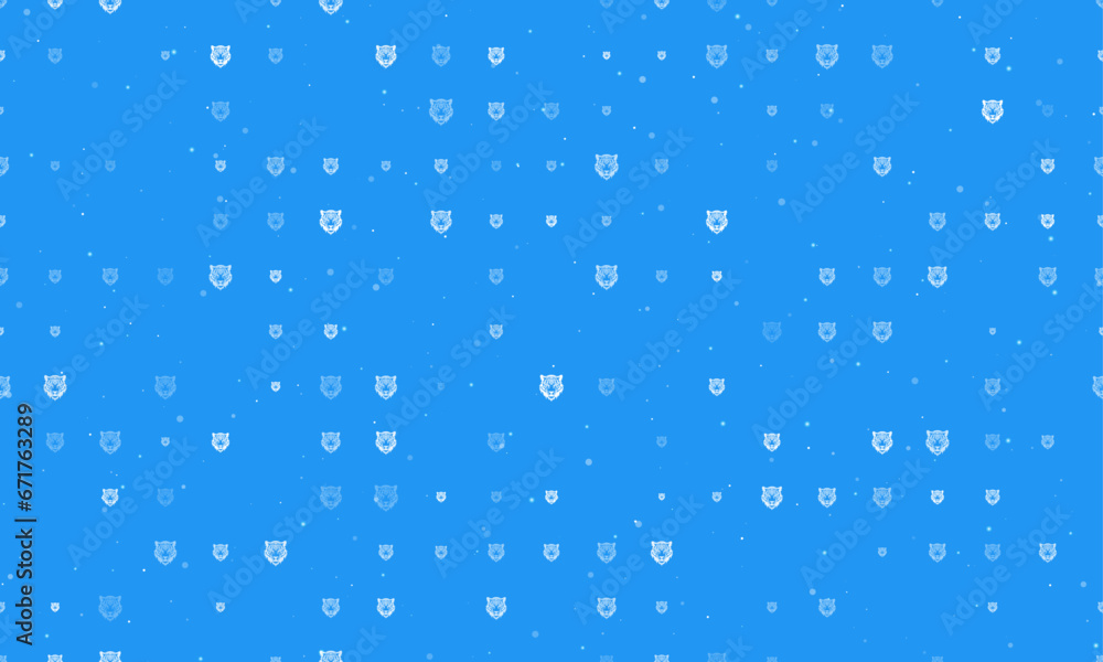 Seamless background pattern of evenly spaced white tiger head symbols of different sizes and opacity. Vector illustration on blue background with stars Seamless background pattern of evenly spaced white tiger head symbols of different sizes and opacity. Vector illustration on blue background with stars