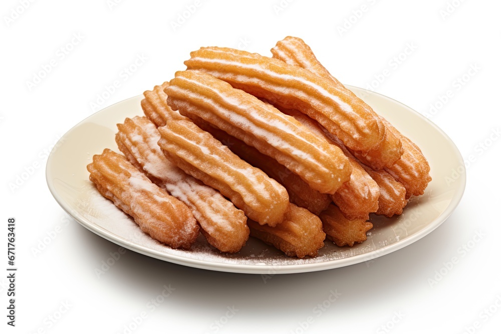 Churros on a plate isolated on white background. Ai generative