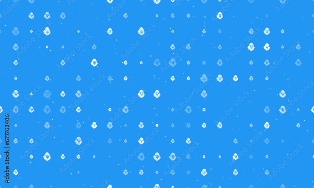 Seamless background pattern of evenly spaced white gorilla head symbols of different sizes and opacity. Vector illustration on blue background with stars Seamless background pattern of evenly spaced white gorilla head symbols of different sizes and opacity. Vector illustration on blue background with stars