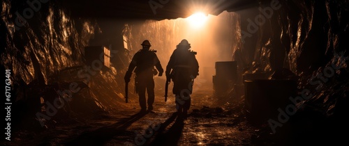 Mining working. Silhouette of Miners entering underground coal mine night lighting photo