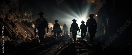Mining working. Silhouette of Miners entering underground coal mine night lighting © ETAJOE