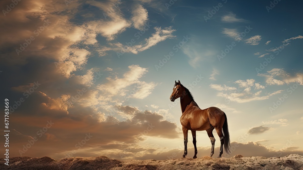  a brown horse standing on top of a sandy hill under a cloudy sky with a sun shining through the clouds.  generative ai