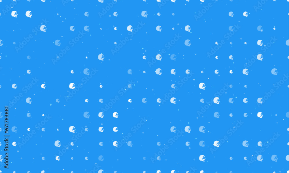 Seamless background pattern of evenly spaced white lion head icons of different sizes and opacity. Vector illustration on blue background with stars Seamless background pattern of evenly spaced white lion head icons of different sizes and opacity. Vector illustration on blue background with stars