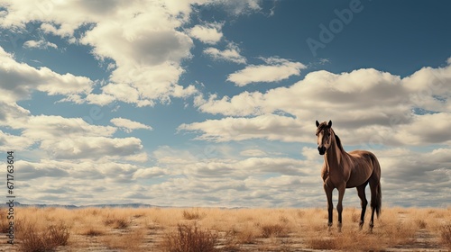  a brown horse standing in a dry grass field under a blue sky with puffy white and puffy clouds. generative ai