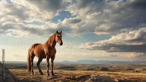 a brown horse standing on top of a dry grass covered field next to a large rock and a cloudy sky.  generative ai © Anna