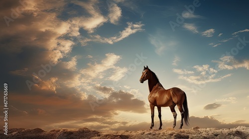  a brown horse standing on top of a sandy hill under a cloudy sky with a sun shining through the clouds.  generative ai