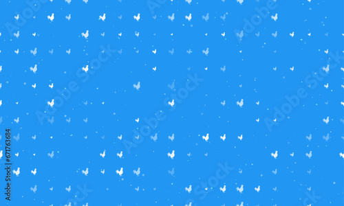 Seamless background pattern of evenly spaced white rooster symbols of different sizes and opacity. Vector illustration on blue background with stars